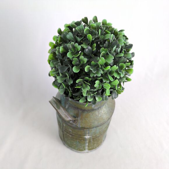 Rustic Farmhouse 8" Galvanized Tin Milk Jug Vase Canister Can with Greenery Ball - Picture 3 of 5